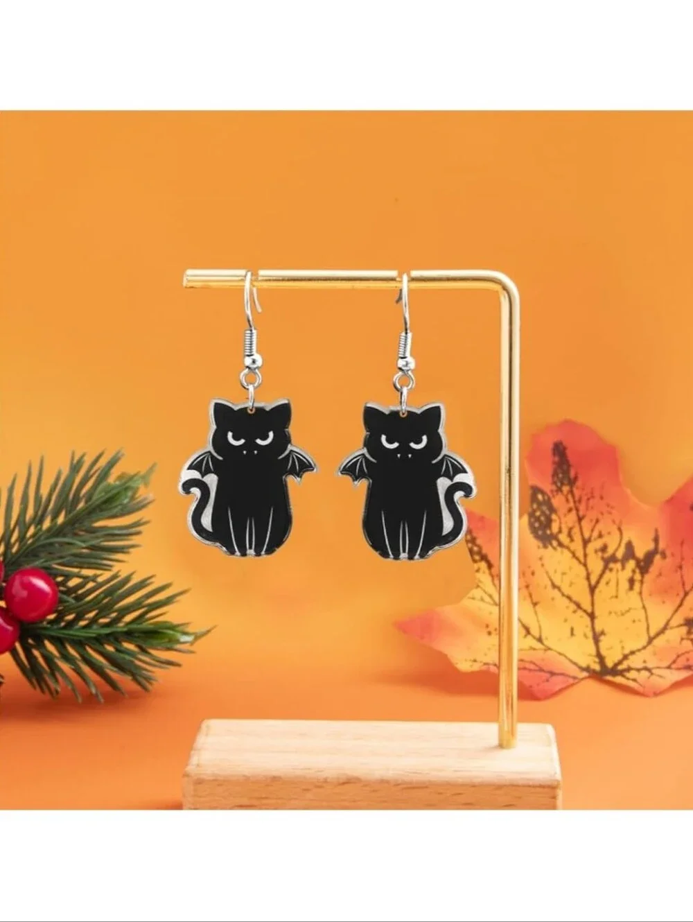 Black Bat Cat Dangle Earrings - Cute Gothic Cat Earrings